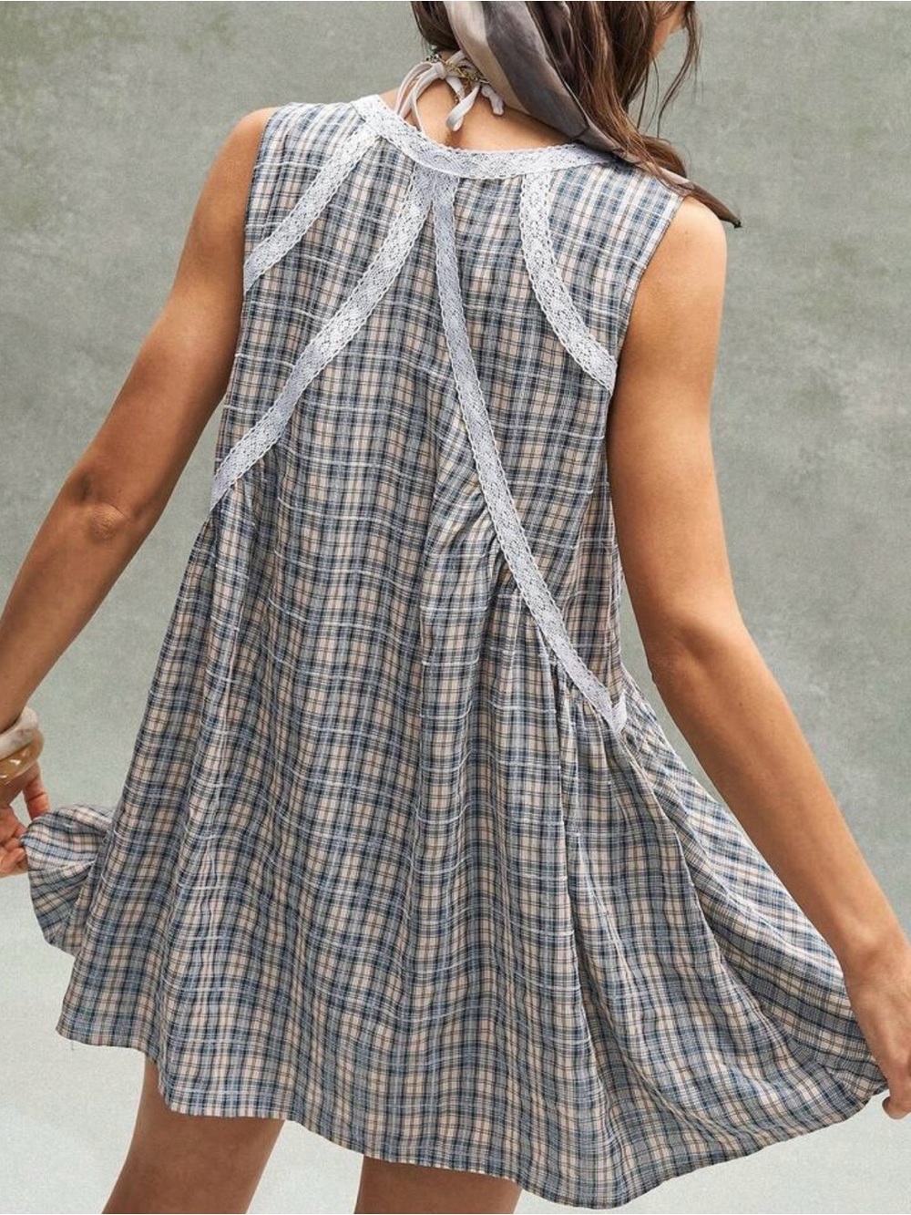 Bohemian Casual Woven Blue & Beige Plaid Sleeveless Midi Dress with Lace Trim - Picture 4 of 11